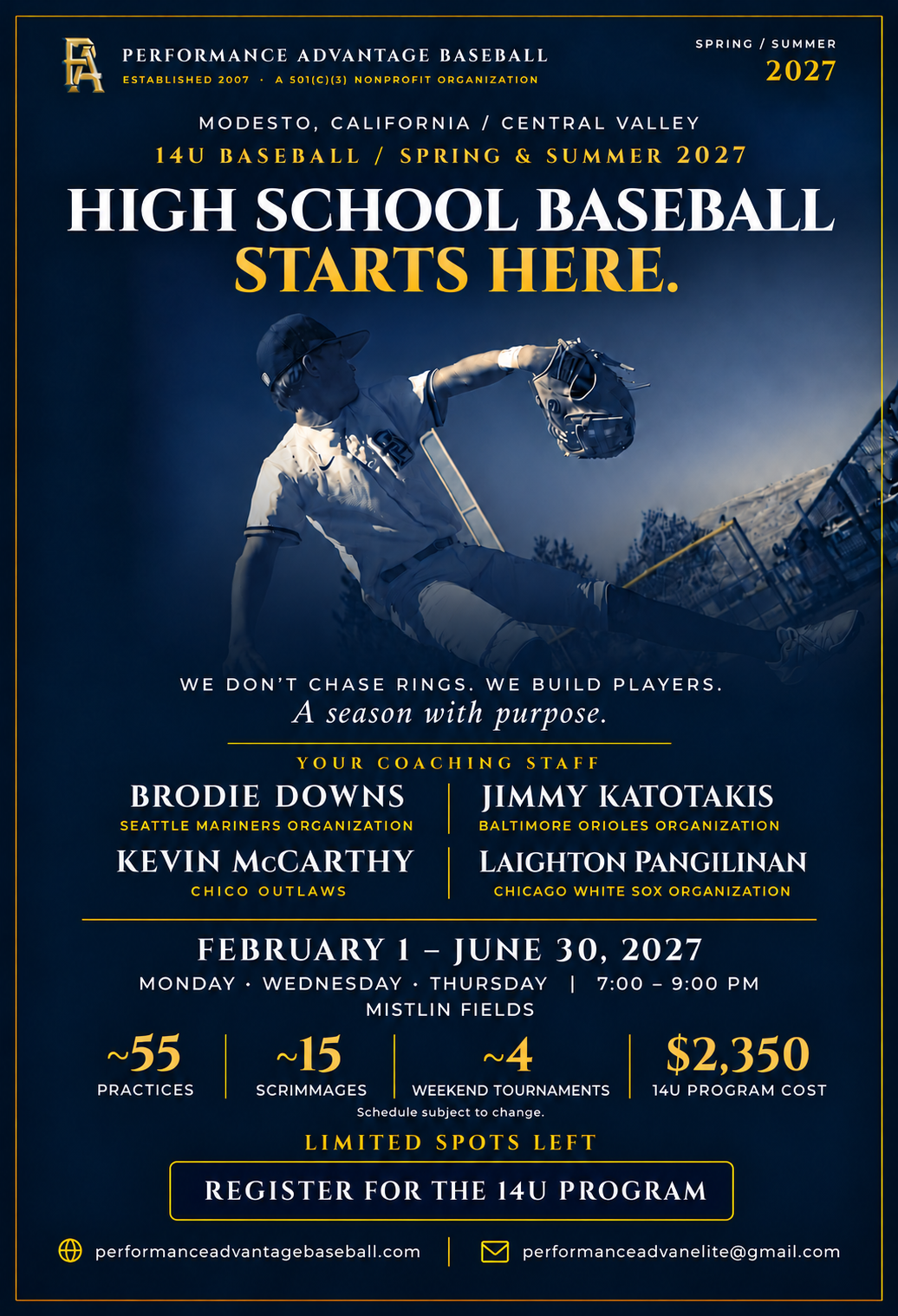 PA 14U Spring and Summer 2027 flyer. Schedule, coaching staff, program cost and contact details are also provided on this page.